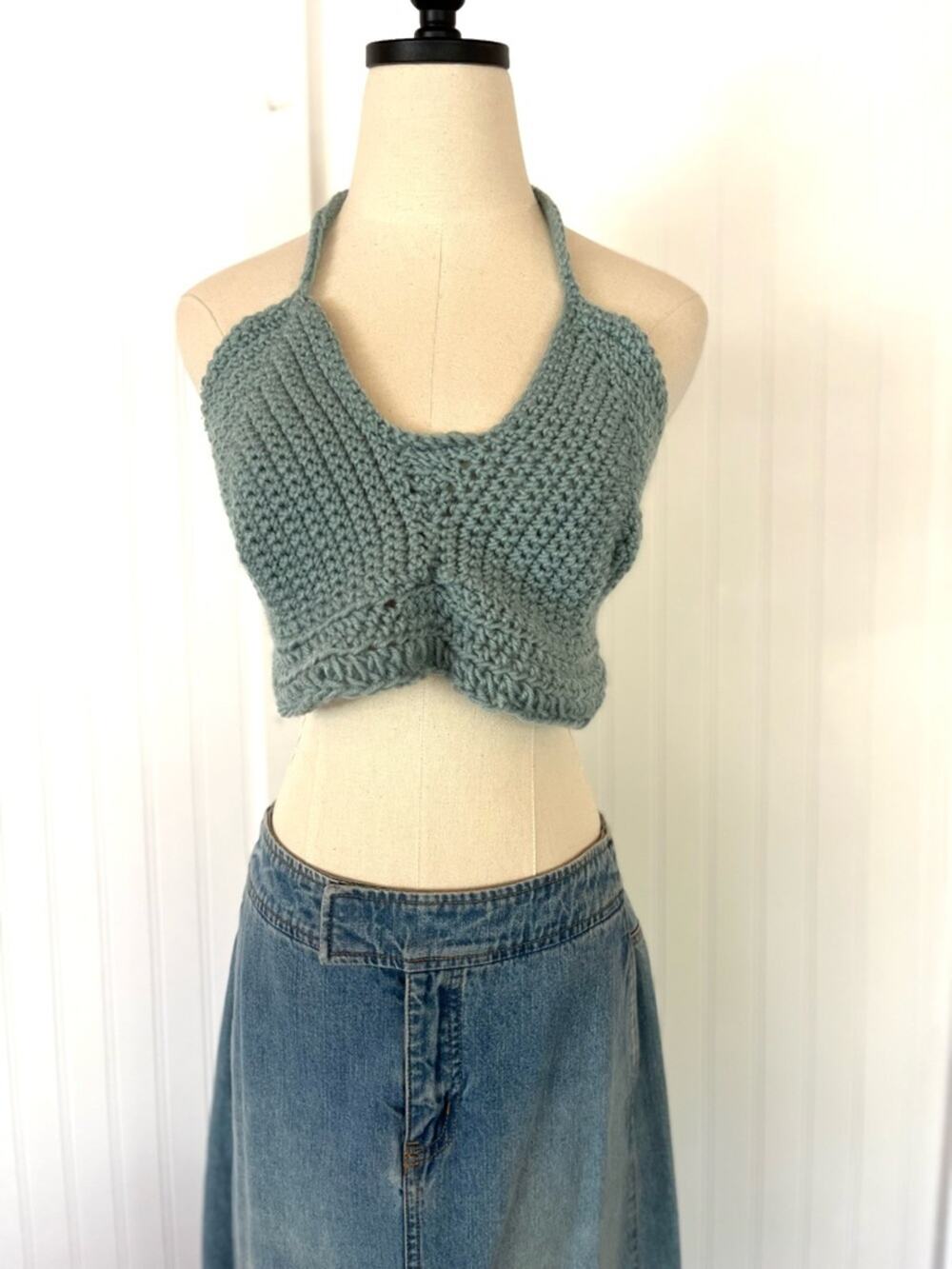Chunky Yarn Hand-Knit Blue-Green Cropped Halter Top Wraparound Tie Boho Medium